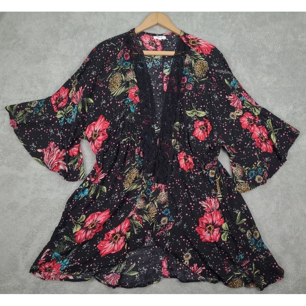 Maurices Black Floral Crochet Trim Kimono Size XL Open Front Boho